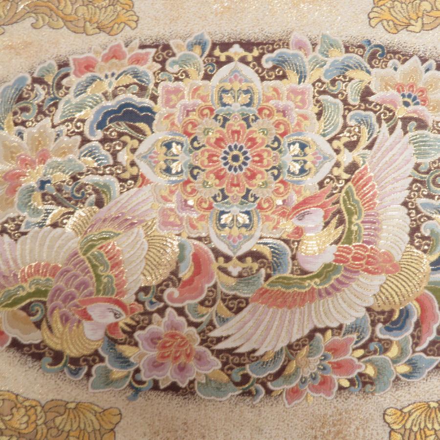 袋帯 正絹 金糸 花鳥文様 金色x多色 六通柄 フォーマル 礼装 長さ