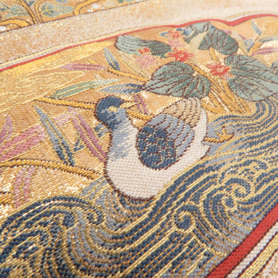 袋帯 正絹 金糸 花鳥文様 金色x多色 六通柄 フォーマル 礼装 長さ