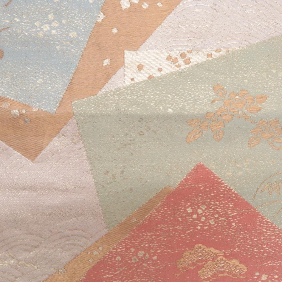 袋帯 正絹 金糸 色紙文様 ベージュ色x金色x多色 パステル系 六通柄