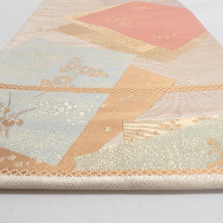 袋帯 正絹 金糸 色紙文様 ベージュ色x金色x多色 パステル系 六通柄