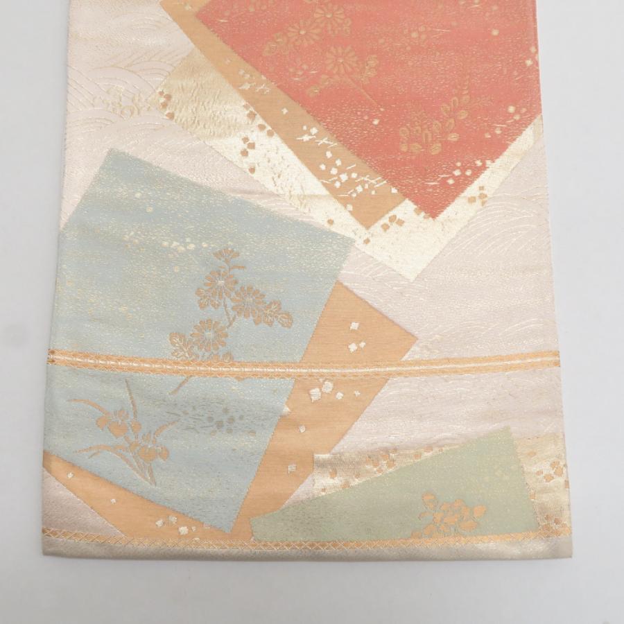 袋帯 正絹 金糸 色紙文様 ベージュ色x金色x多色 パステル系 六通柄
