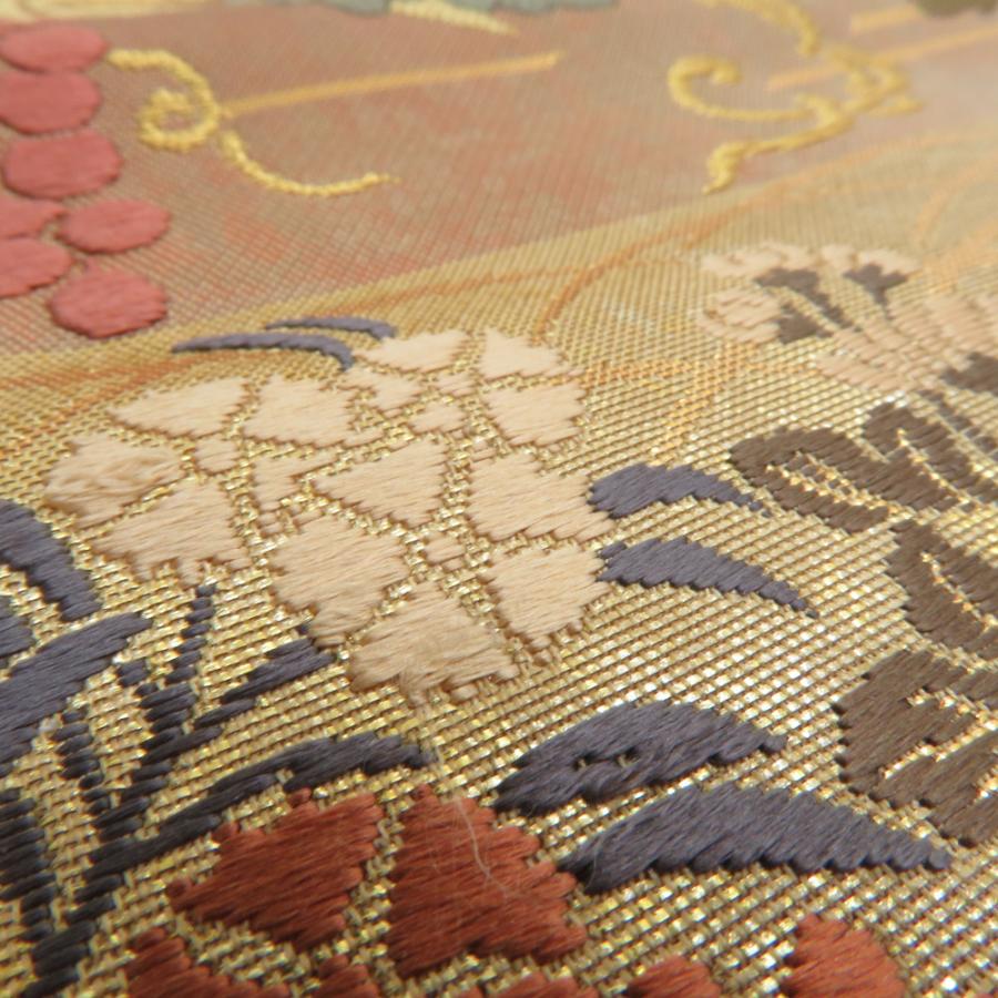 袋帯 西陣織 王朝華 引き箔 正絹 金糸 季節の花々文様 金色ｘ多色 ゴールド系 六通柄 フォーマル 未仕立て 礼装 長さ450cm【中古】 【キモノオフ野々市若松店】 袋帯 西陣織 王朝華 引き箔 正絹 金糸 季節の花々文様 金色x多色