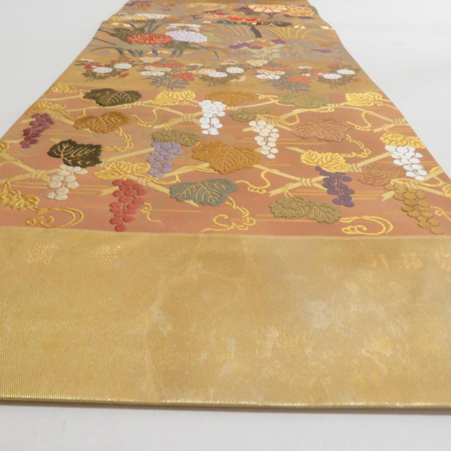 袋帯 西陣織 王朝華 引き箔 正絹 金糸 季節の花々文様 金色x多色