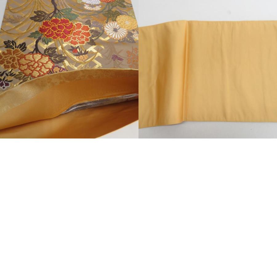 袋帯 西陣織 王朝華 引き箔 正絹 金糸 季節の花々文様 金色x多色