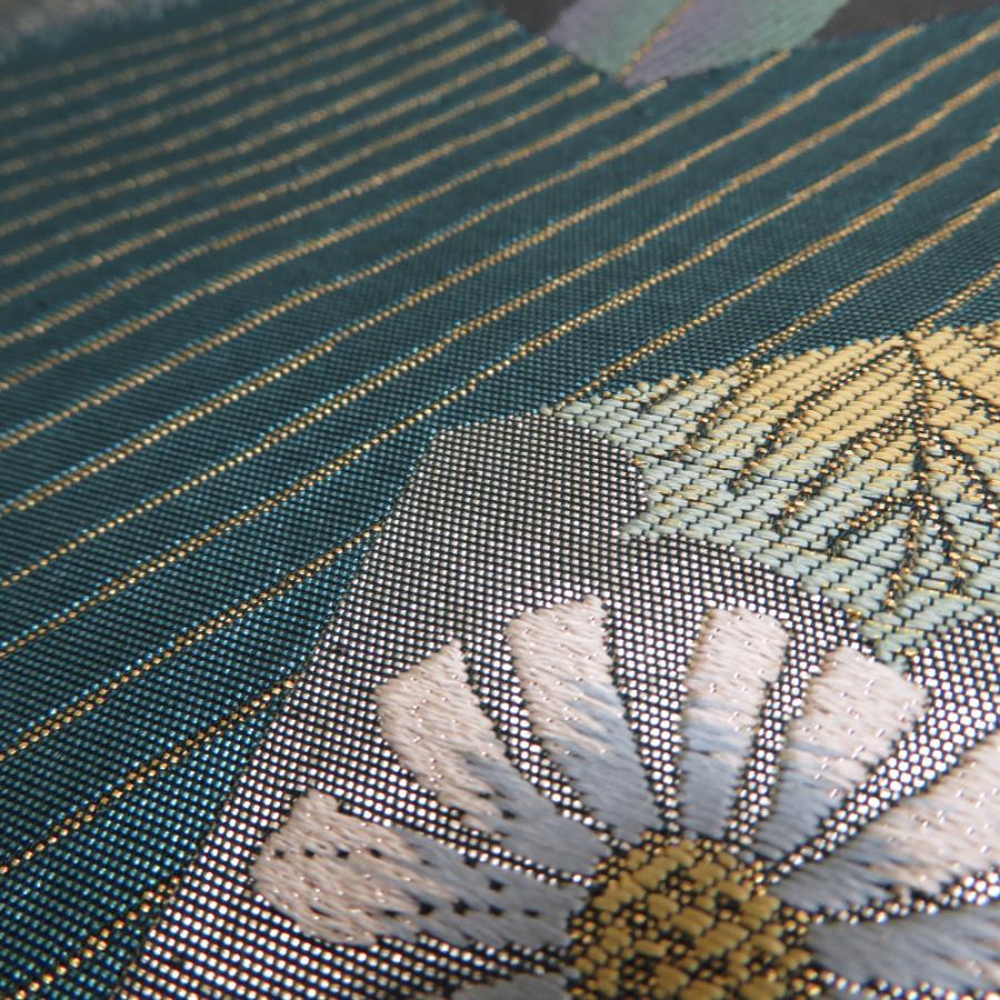 袋帯 正絹 銀糸 ターコイズブルーxピンク色x銀色 六角に花々文様 引き箔