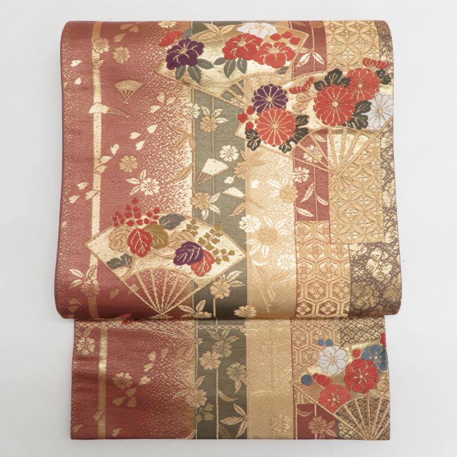 袋帯 正絹 金糸 扇子に花々文様 金色x茶色x緑色 六通柄 フォーマル