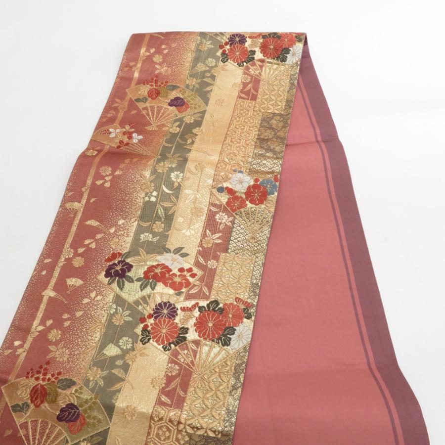 袋帯 正絹 金糸 扇子に花々文様 金色x茶色x緑色 六通柄 フォーマル