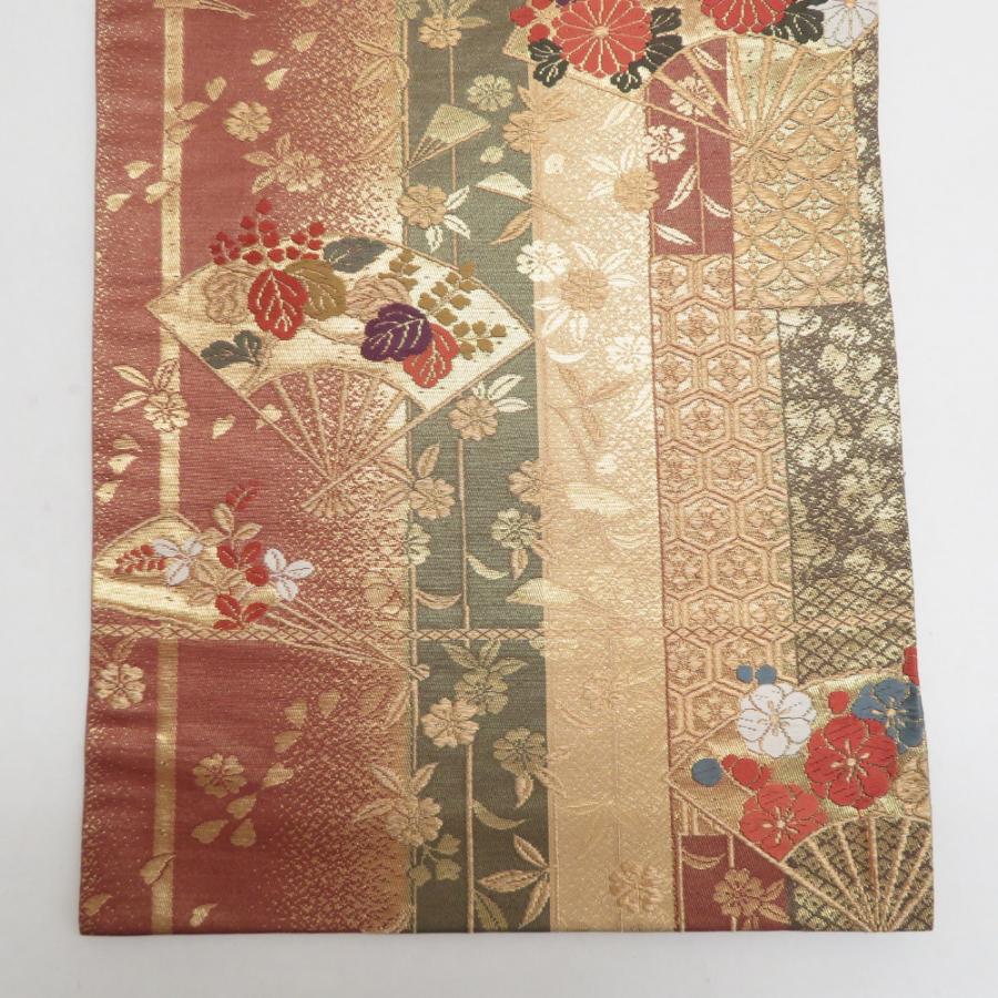 袋帯 正絹 金糸 扇子に花々文様 金色x茶色x緑色 六通柄 フォーマル