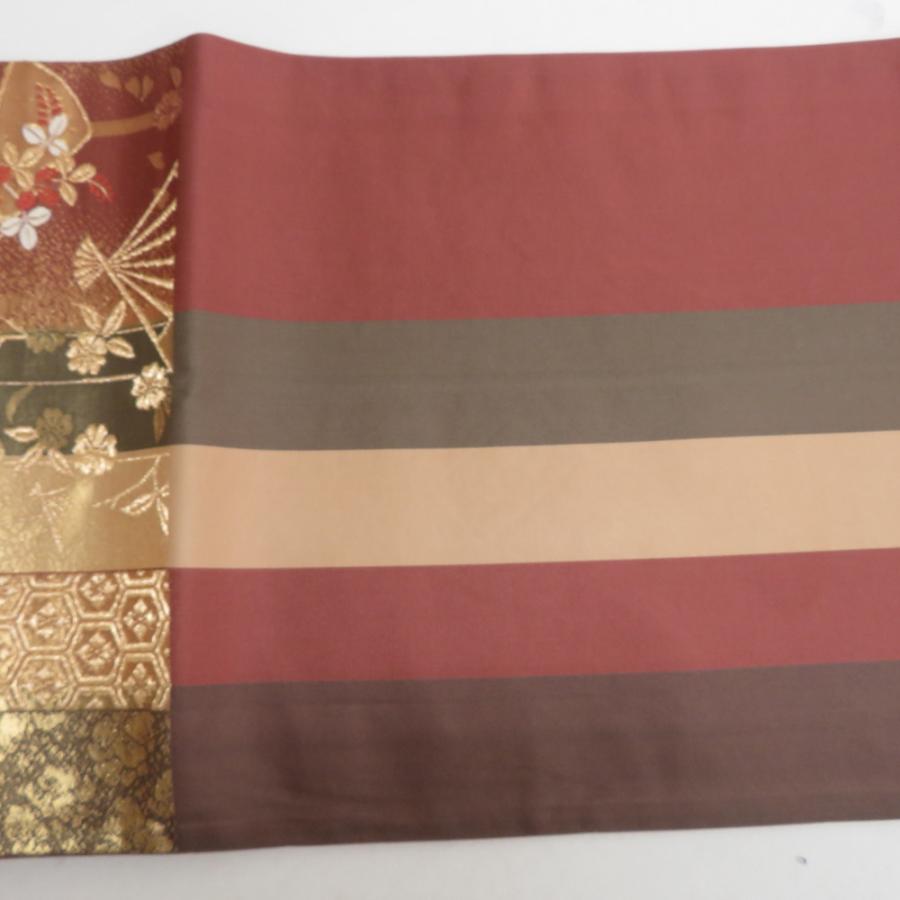 袋帯 正絹 金糸 扇子に花々文様 金色x茶色x緑色 六通柄 フォーマル