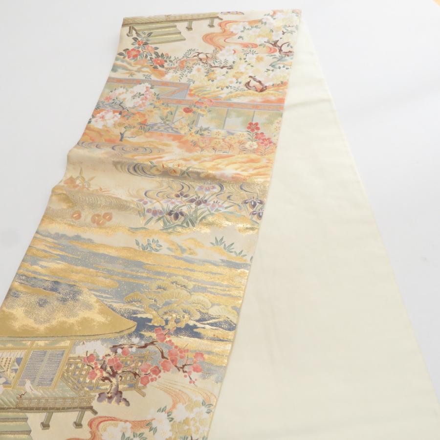 袋帯 正絹 平安風景文様 金色ｘピンク色ｘベージュ色 金糸 ゴールド系 六通柄 フォーマル 礼装 長さ440cm【中古】 【キモノオフ野々市若松店】 袋帯 正絹 平安風景文様 金色xピンク色xベージュ色 金糸 ゴールド系