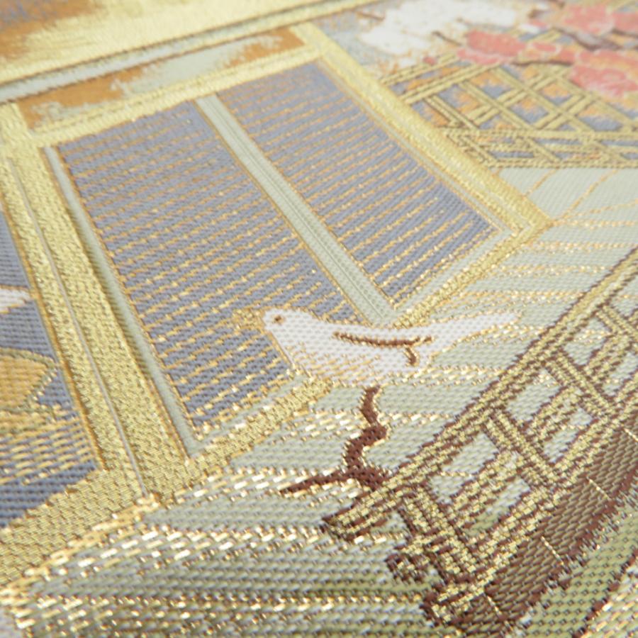 袋帯 正絹 平安風景文様 金色xピンク色xベージュ色 金糸 ゴールド系