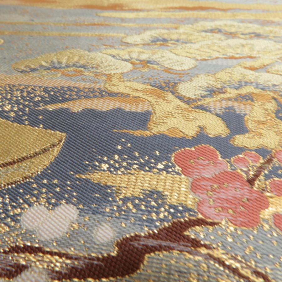 袋帯 正絹 平安風景文様 金色xピンク色xベージュ色 金糸 ゴールド系