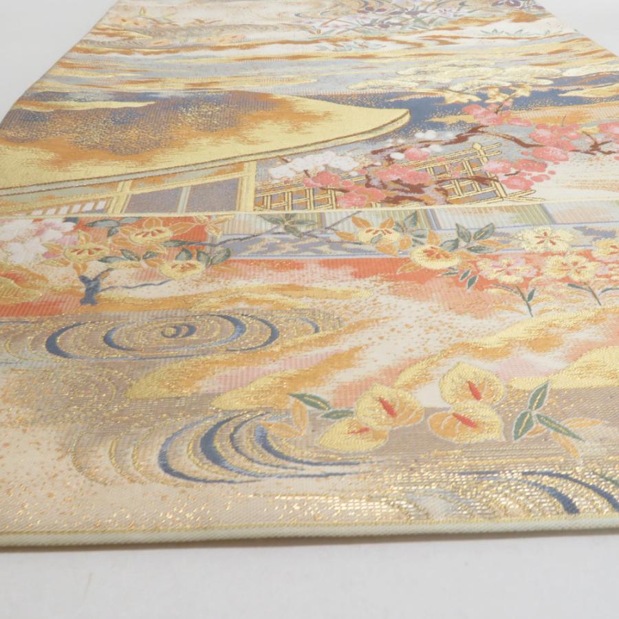 袋帯 正絹 平安風景文様 金色ｘピンク色ｘベージュ色 金糸 ゴールド系 六通柄 フォーマル 礼装 長さ440cm【中古】 【キモノオフ野々市若松店】 袋帯 正絹 平安風景文様 金色xピンク色xベージュ色 金糸 ゴールド系