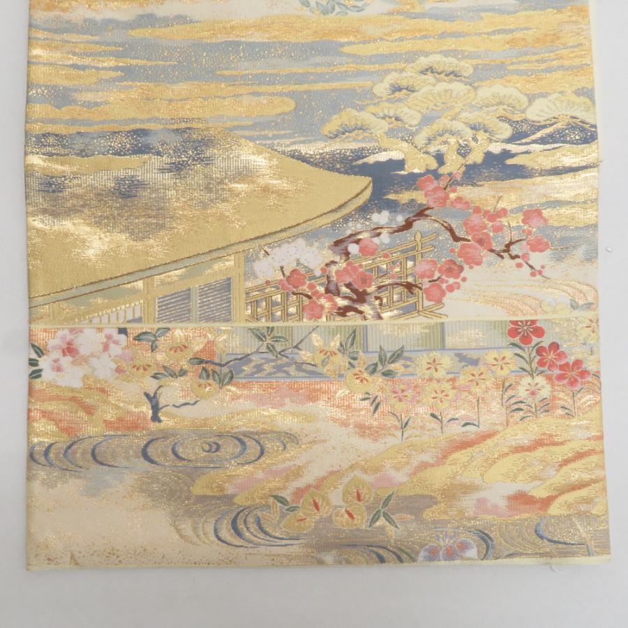袋帯 正絹 平安風景文様 金色xピンク色xベージュ色 金糸 ゴールド系