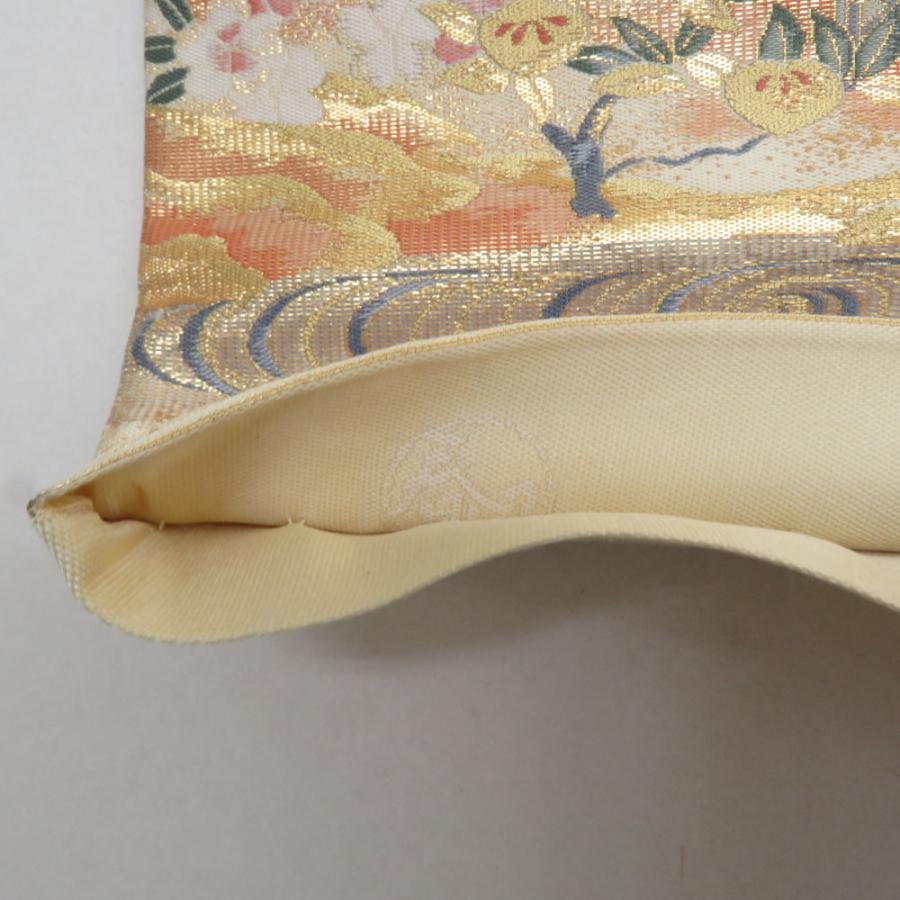 袋帯 正絹 平安風景文様 金色xピンク色xベージュ色 金糸 ゴールド系