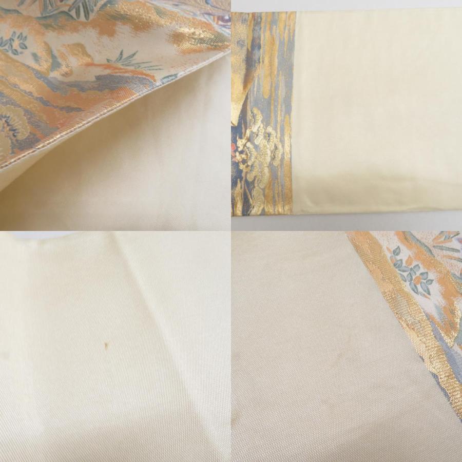 袋帯 正絹 平安風景文様 金色xピンク色xベージュ色 金糸 ゴールド系