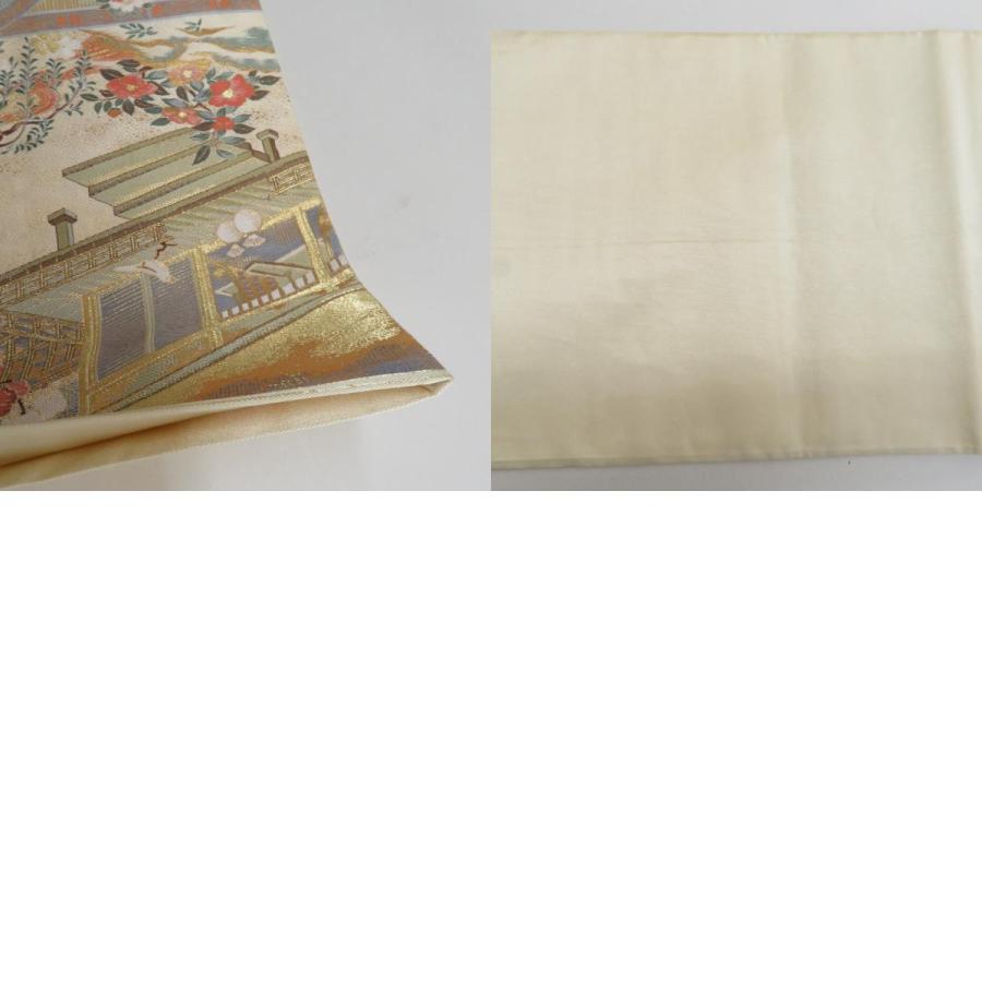 袋帯 正絹 平安風景文様 金色xピンク色xベージュ色 金糸 ゴールド系