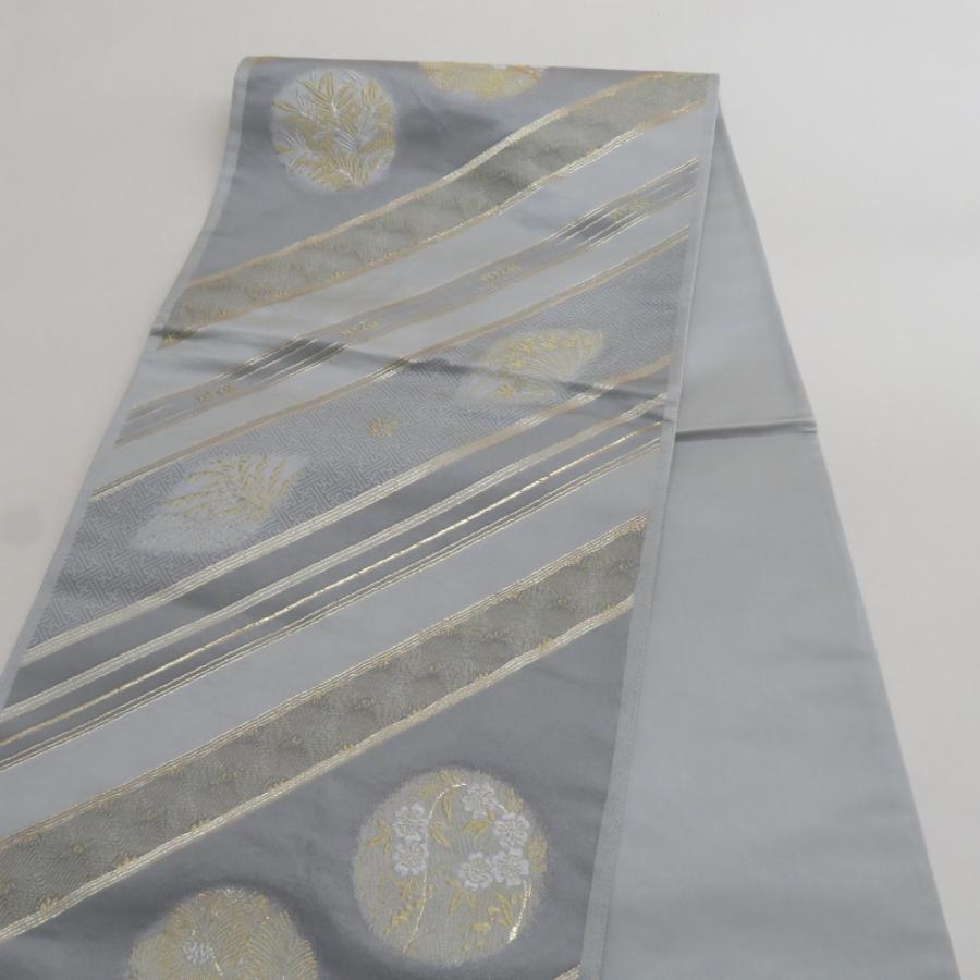 袋帯 正絹 金糸 グレーx金色 斜め縞に丸に花文様 六通柄 フォーマル