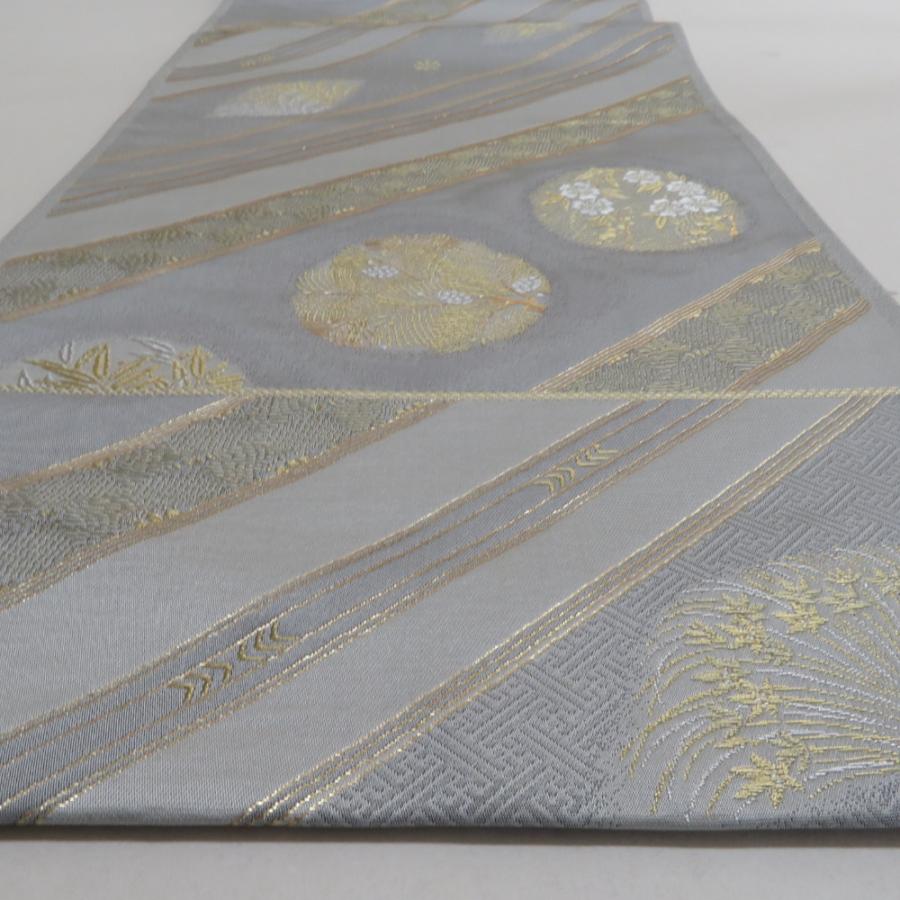 袋帯 正絹 金糸 グレーx金色 斜め縞に丸に花文様 六通柄 フォーマル