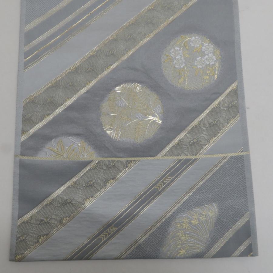 袋帯 正絹 金糸 グレーx金色 斜め縞に丸に花文様 六通柄 フォーマル