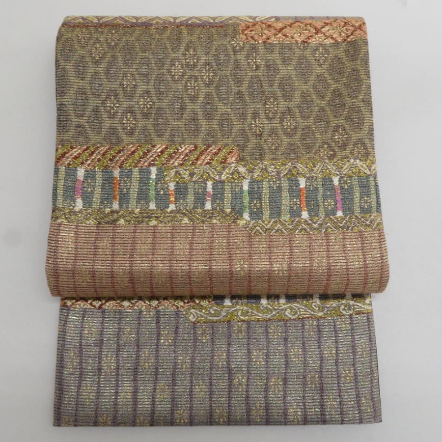 袋帯 西陣織 高級 洒落袋帯 正絹 金糸 古代裂文様 薄紫色ｘ黄色ｘ多色 カラフル 六通柄 フォーマル 礼装 長さ448cm【中古】 【キモノオフ野々市若松店】 袋帯 西陣織 高級 洒落袋帯 正絹 金糸 古代裂文様 薄紫色x黄色x多色