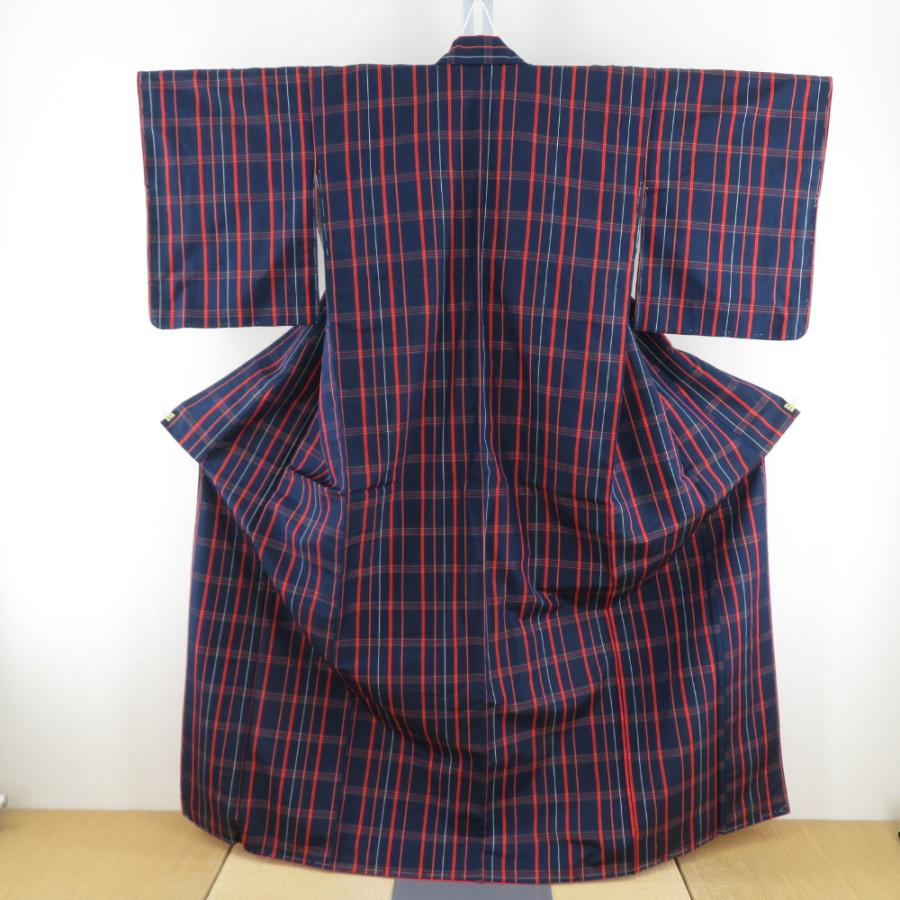 ☆4812☆ 紬 アンサンブル 正絹 袷仕立て 着物 紺色 ボーダー柄 美品 