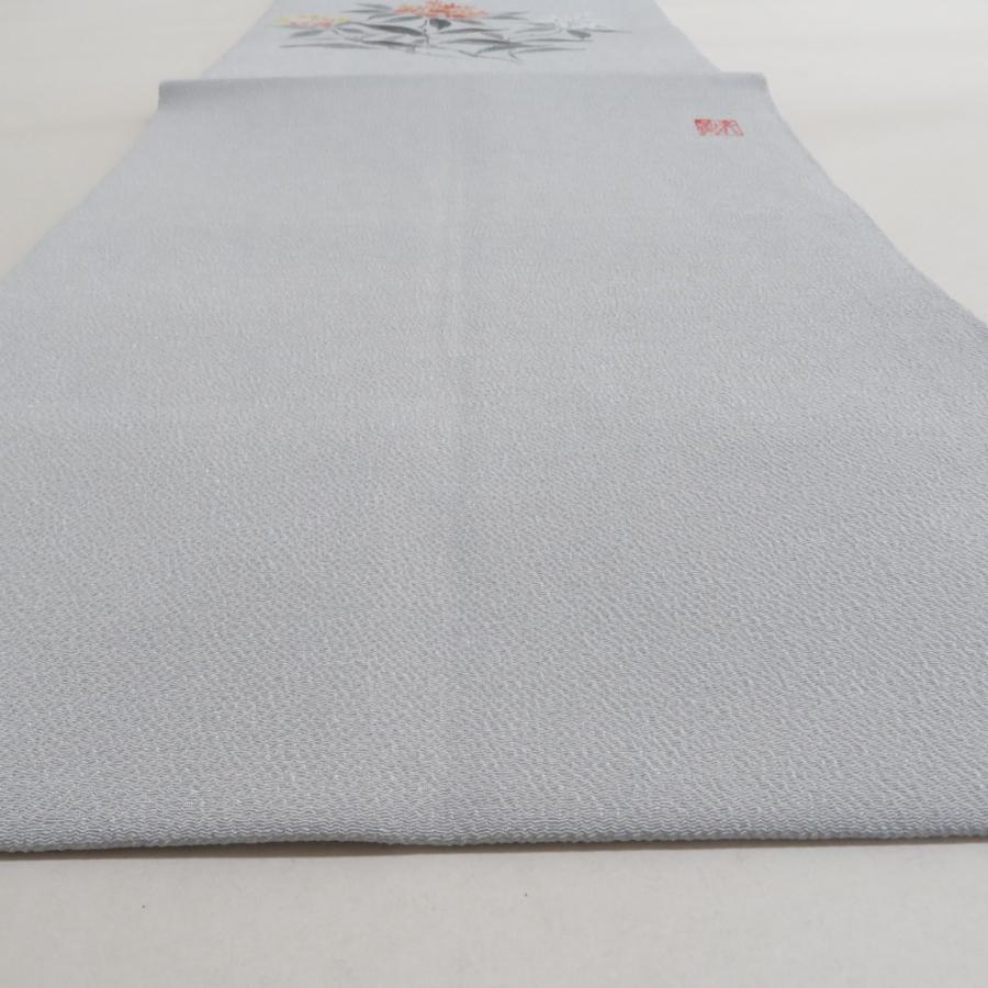 名古屋帯 正絹 縮緬 グレー 灰色xオレンジ色x黄色 花文様 落款入り