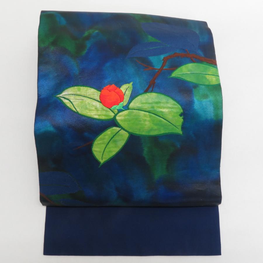 名古屋帯 正絹 紺色x黄緑色xオレンジ色 カラフル 花文様 お太鼓柄