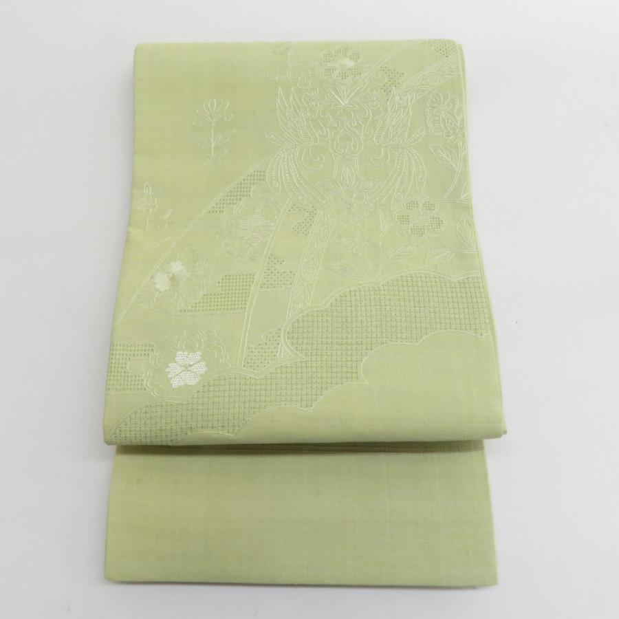 袋帯 洒落袋帯 正絹 紬 薄緑色 黄緑 スワトー刺繍 花鳥文様 お太鼓柄