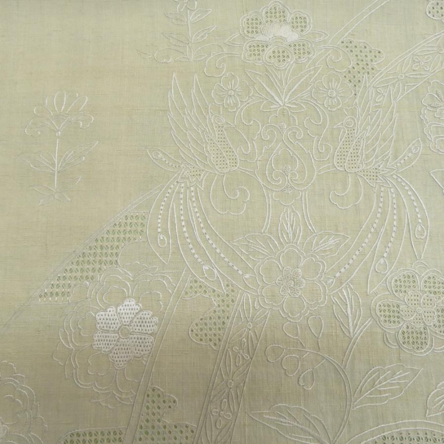 袋帯 洒落袋帯 正絹 紬 薄緑色 黄緑 スワトー刺繍 花鳥文様 お太鼓柄
