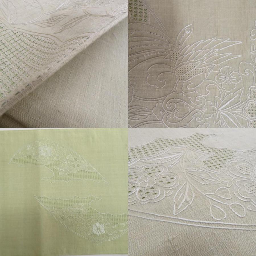 袋帯 洒落袋帯 正絹 紬 薄緑色 黄緑 スワトー刺繍 花鳥文様 お太鼓柄 仕立て上がり 着物帯 長さ444cm【中古】 袋帯 洒落袋帯 正絹 紬 薄緑色 黄緑 スワトー刺繍 花鳥文様 お太鼓柄