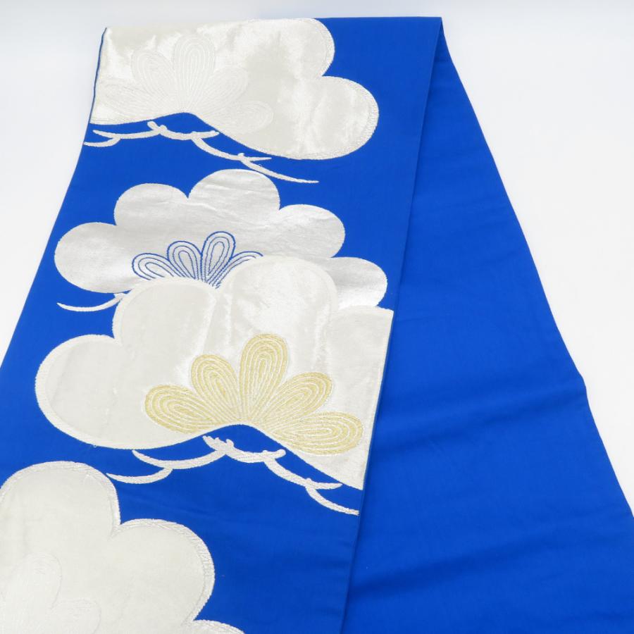 袋帯 振袖用 ブルー系 青色x銀色 松紋様 六通柄 正絹 仕立ての糸とじ