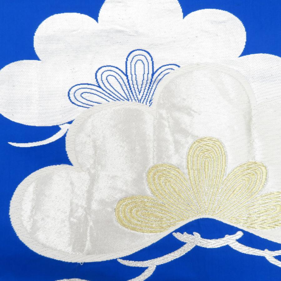 袋帯 振袖用 ブルー系 青色x銀色 松紋様 六通柄 正絹 仕立ての糸とじ