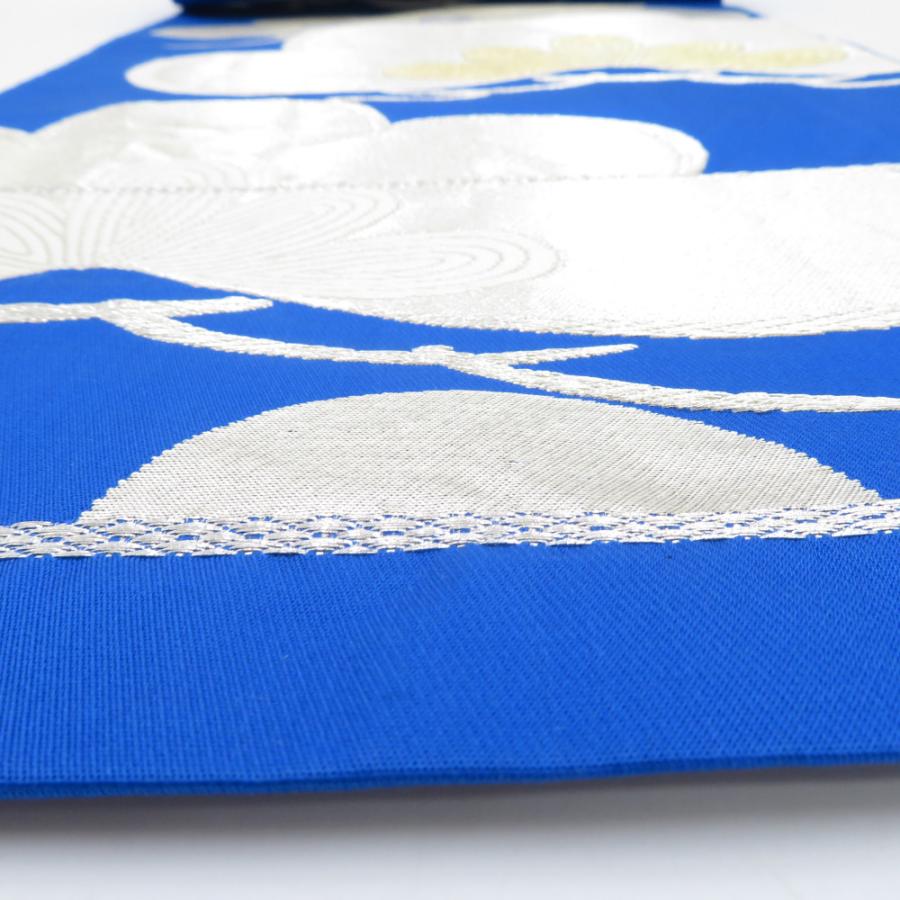 袋帯 振袖用 ブルー系 青色x銀色 松紋様 六通柄 正絹 仕立ての糸とじ