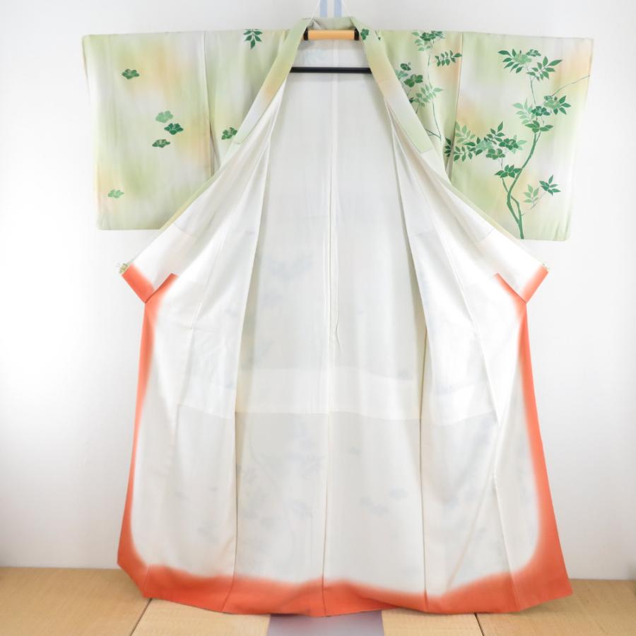 付下げ 袷 黄緑色ｘ緑色 金糸 刺繍入り ぼかし染め 草花紋様 金糸 広衿 正絹 仕立て上がり着物 身丈158cm_1