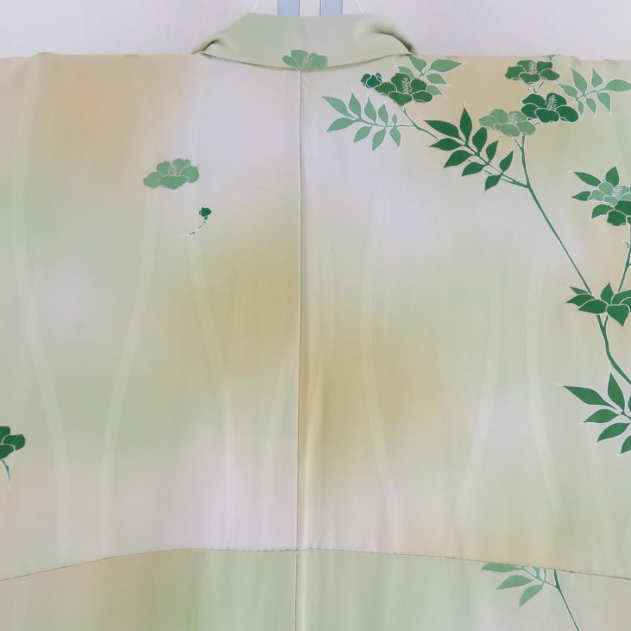 付下げ 袷 黄緑色ｘ緑色 金糸 刺繍入り ぼかし染め 草花紋様 金糸 広衿 正絹 仕立て上がり着物 身丈158cm_2