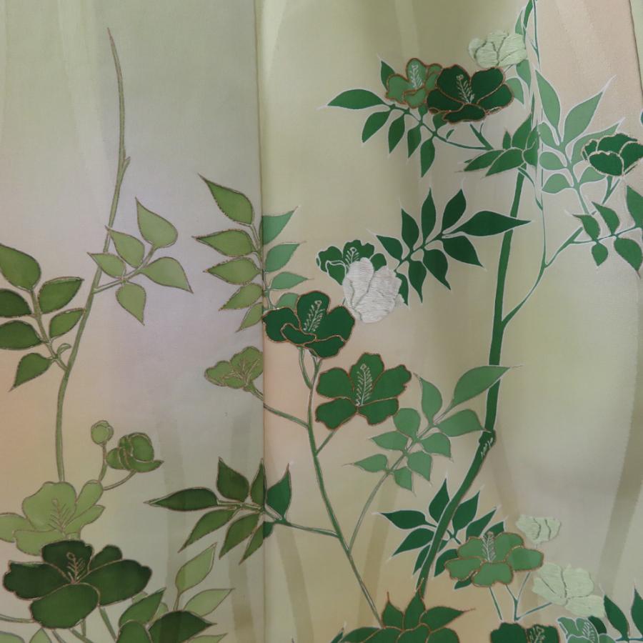 付下げ 袷 黄緑色ｘ緑色 金糸 刺繍入り ぼかし染め 草花紋様 金糸 広衿 正絹 仕立て上がり着物 身丈158cm_4