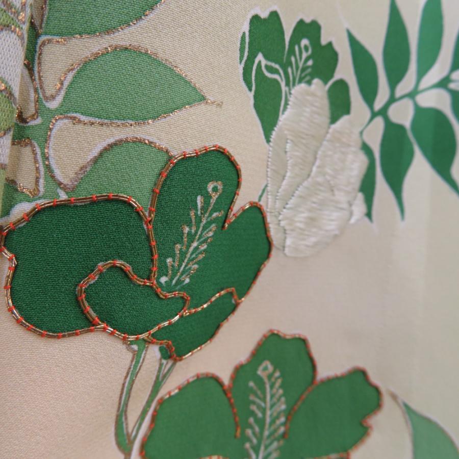 付下げ 袷 黄緑色ｘ緑色 金糸 刺繍入り ぼかし染め 草花紋様 金糸 広衿 正絹 仕立て上がり着物 身丈158cm_5