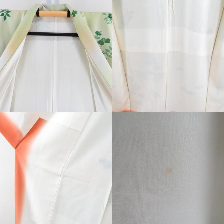 付下げ 袷 黄緑色ｘ緑色 金糸 刺繍入り ぼかし染め 草花紋様 金糸 広衿 正絹 仕立て上がり着物 身丈158cm_8