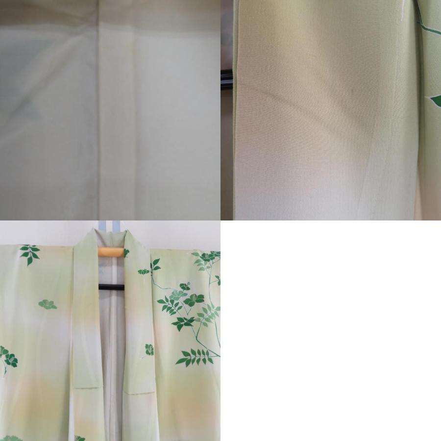 付下げ 袷 黄緑色ｘ緑色 金糸 刺繍入り ぼかし染め 草花紋様 金糸 広衿 正絹 仕立て上がり着物 身丈158cm_9