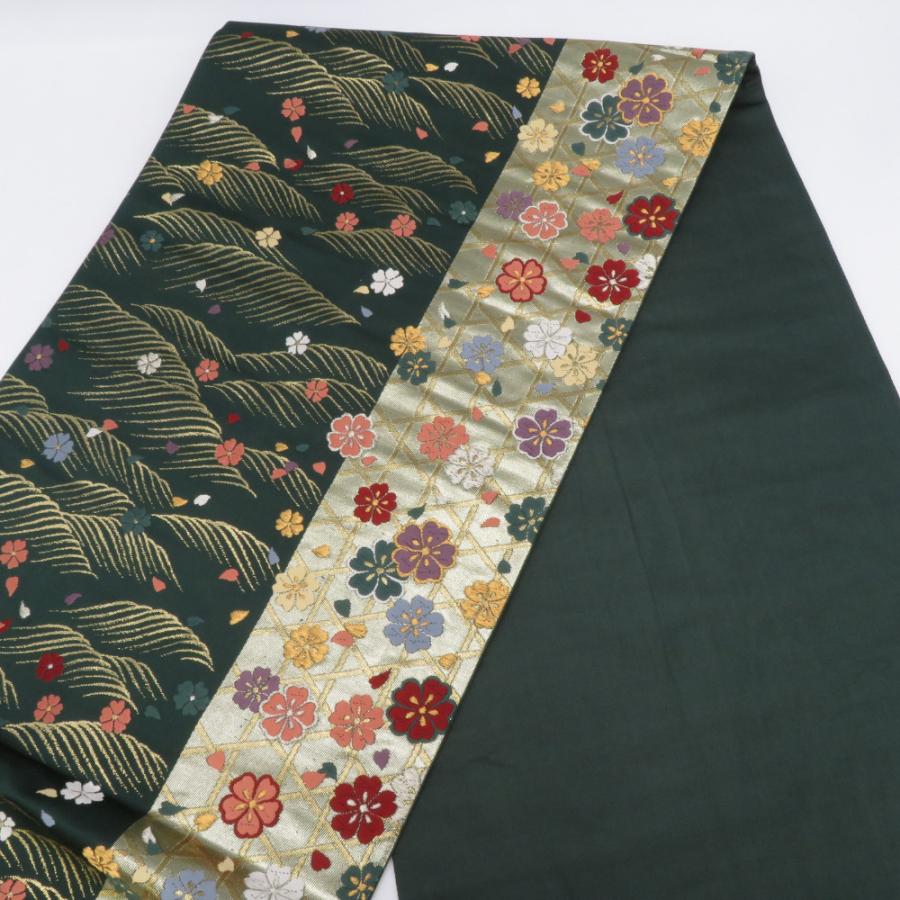 袋帯 グリーン系 深緑色x金色x多色 金糸 小桜に波と籠目紋様 六通柄