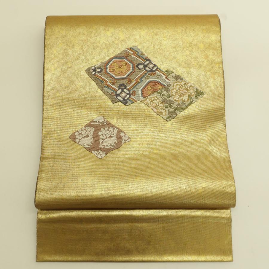 袋帯 金糸 ゴールド系 金色ｘ茶色ｘ多色 刺繍入り 有栖川模様 お太鼓柄 箱付き 正絹 仕立て上がり 長さ472cm_1