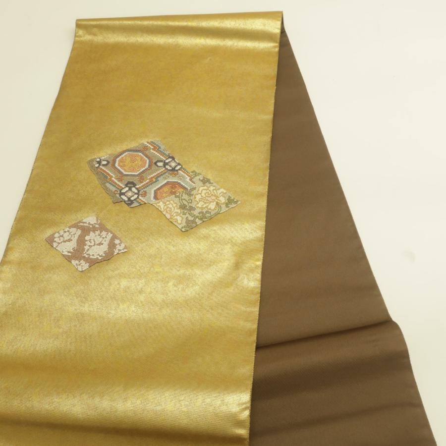 袋帯 金糸 ゴールド系 金色ｘ茶色ｘ多色 刺繍入り 有栖川模様 お太鼓柄 箱付き 正絹 仕立て上がり 長さ472cm_2
