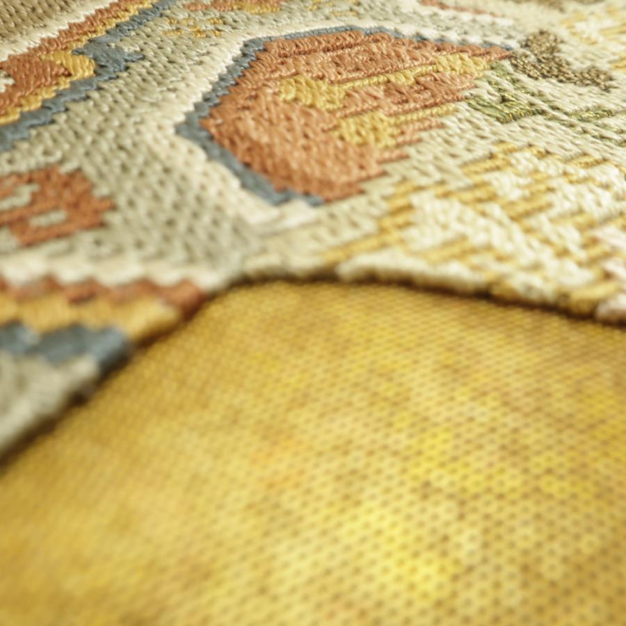 袋帯 金糸 ゴールド系 金色ｘ茶色ｘ多色 刺繍入り 有栖川模様 お太鼓柄 箱付き 正絹 仕立て上がり 長さ472cm_4