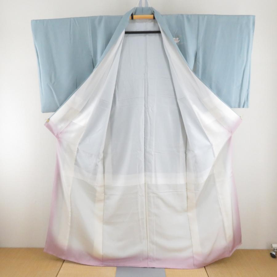 訪問着 スモーキーブルーｘ薄紫色ｘ白色ｘ薄緑色 ぼかし 箔入り 花紋様 広衿 正絹 仕立て上がり着物 身丈158cm_1