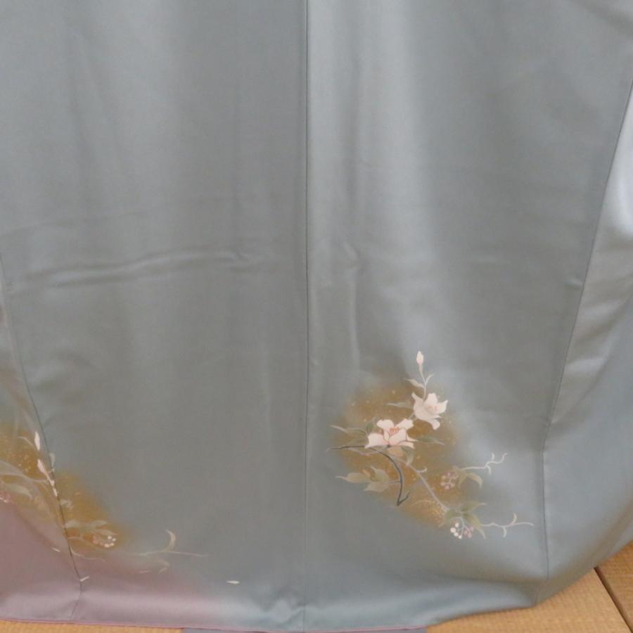 訪問着 スモーキーブルーｘ薄紫色ｘ白色ｘ薄緑色 ぼかし 箔入り 花紋様 広衿 正絹 仕立て上がり着物 身丈158cm_4