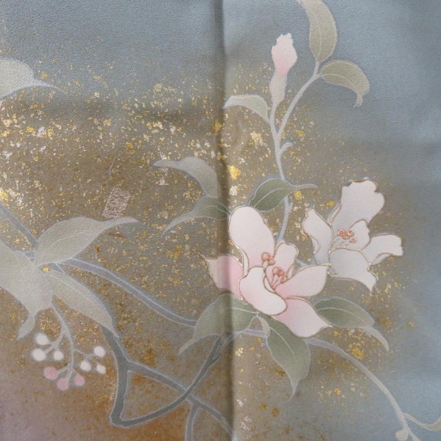 訪問着 スモーキーブルーｘ薄紫色ｘ白色ｘ薄緑色 ぼかし 箔入り 花紋様 広衿 正絹 仕立て上がり着物 身丈158cm_5