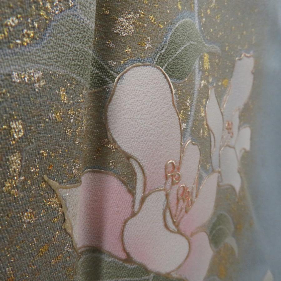 訪問着 スモーキーブルーｘ薄紫色ｘ白色ｘ薄緑色 ぼかし 箔入り 花紋様 広衿 正絹 仕立て上がり着物 身丈158cm_6