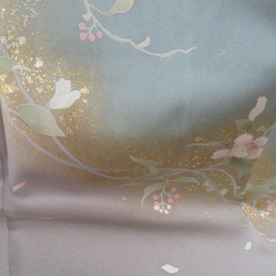訪問着 スモーキーブルーｘ薄紫色ｘ白色ｘ薄緑色 ぼかし 箔入り 花紋様 広衿 正絹 仕立て上がり着物 身丈158cm_7