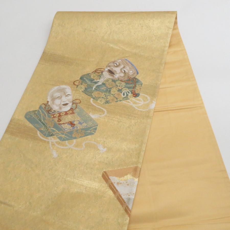 袋帯 正絹 塗金引箔 金糸 ゴールド系 翁面紋様 お太鼓柄 金色ｘ緑色 仕立て上がり 着物帯 長さ424cm_1